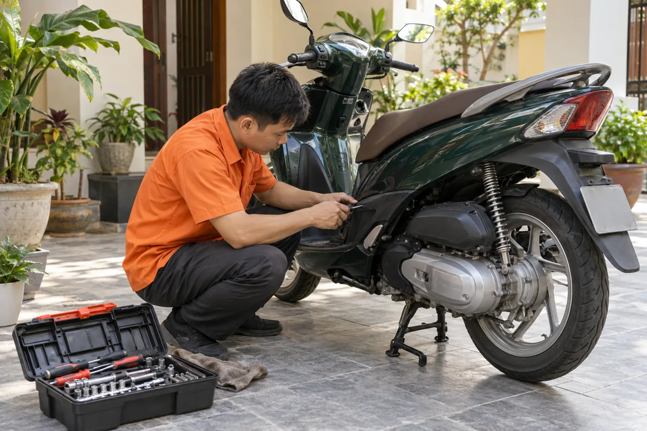 Ảnh AI minh họa thợ sửa xe tay ga trong sân nhà
